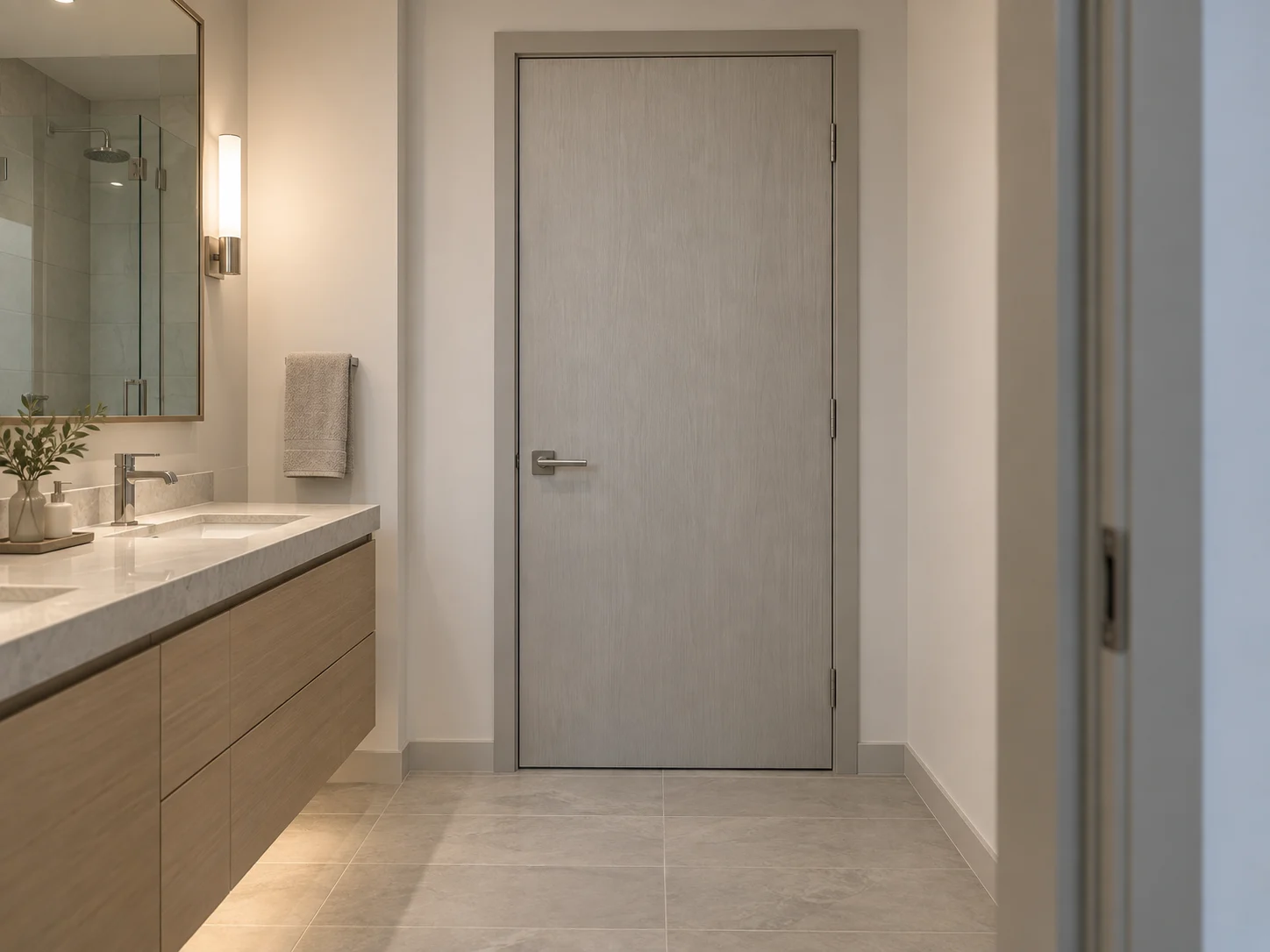 Pale grey wood door at an apartment bathroom