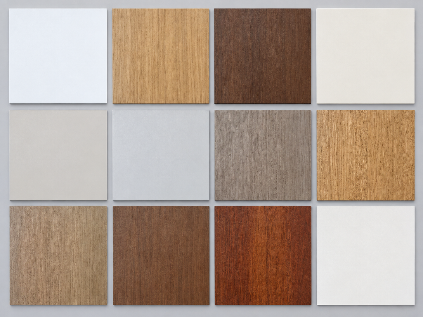 Selection of light, neutral and woodgrain melamine finish samples