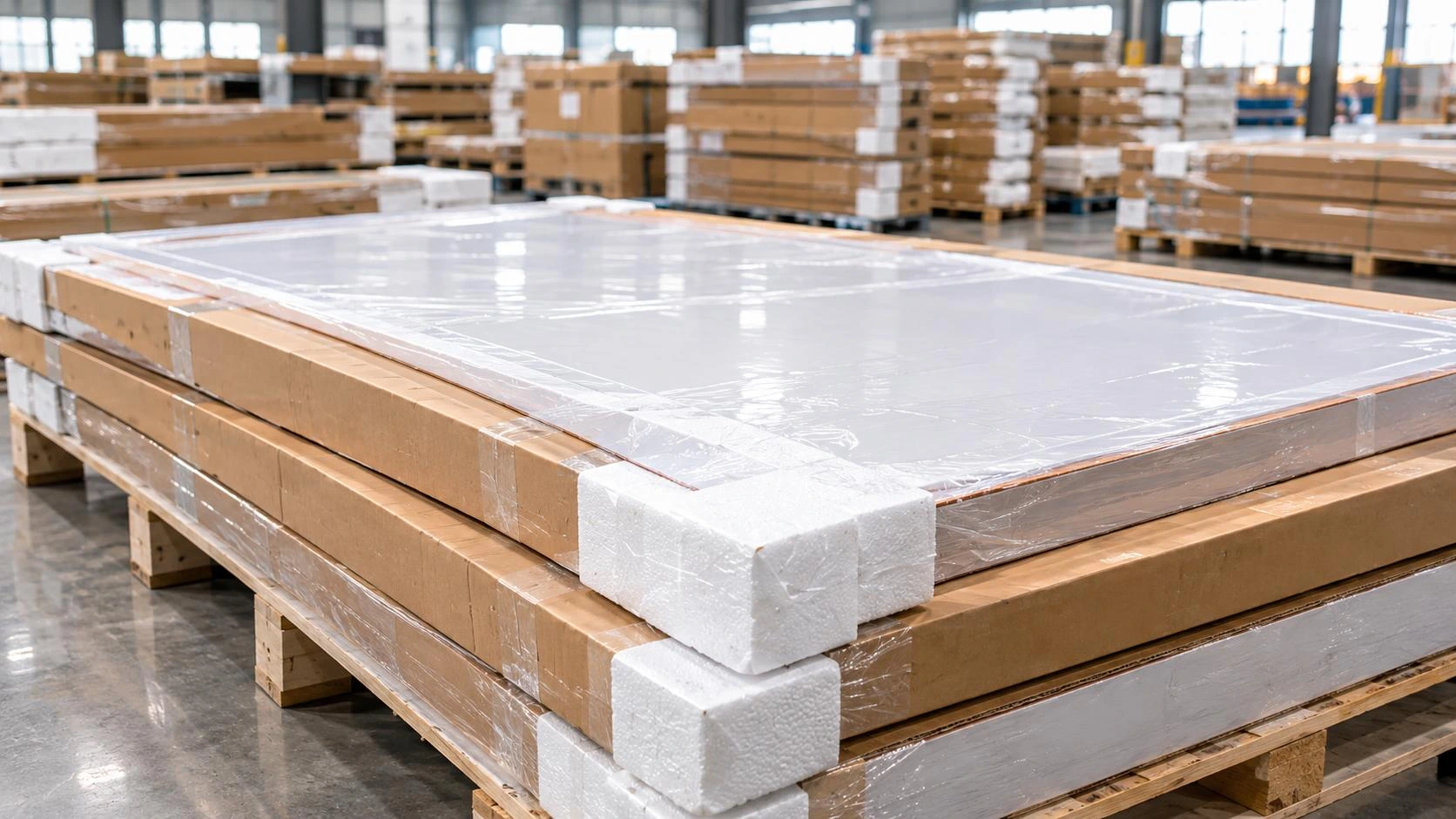 Wrapped door packages with protective foam corners on wooden pallets