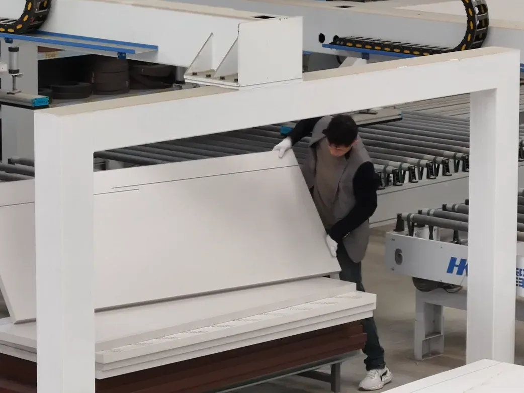 Door panels being prepared on the production line