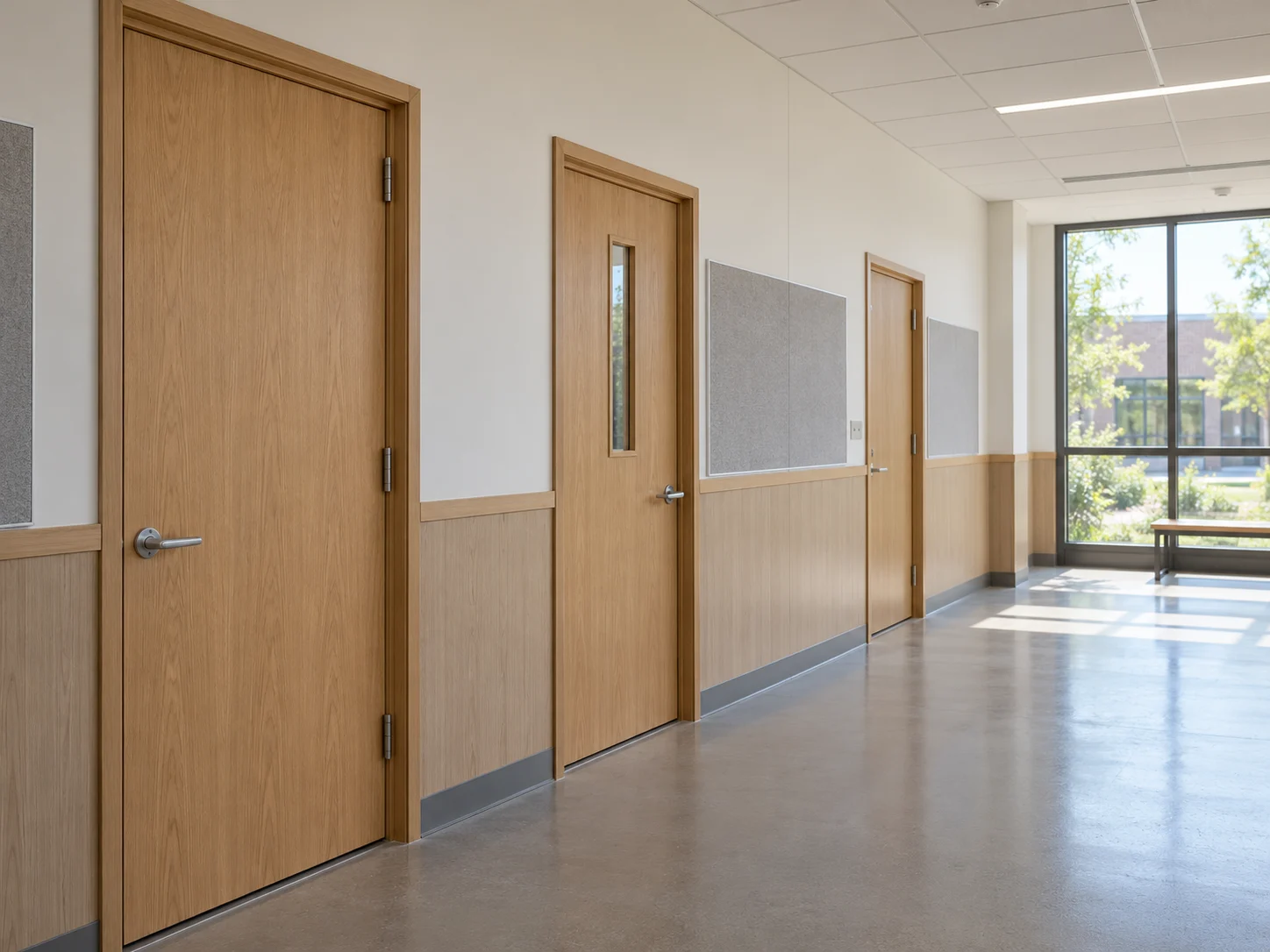 Wood classroom and administrative doors in a school corridor