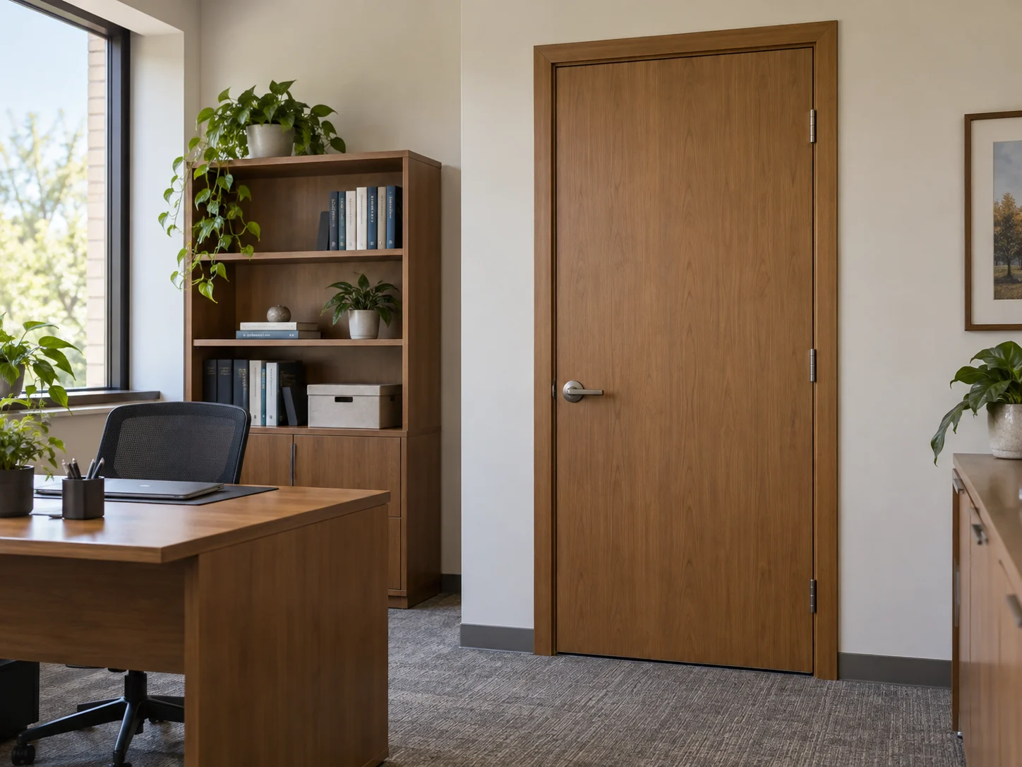 Wood door at a school staff office entrance