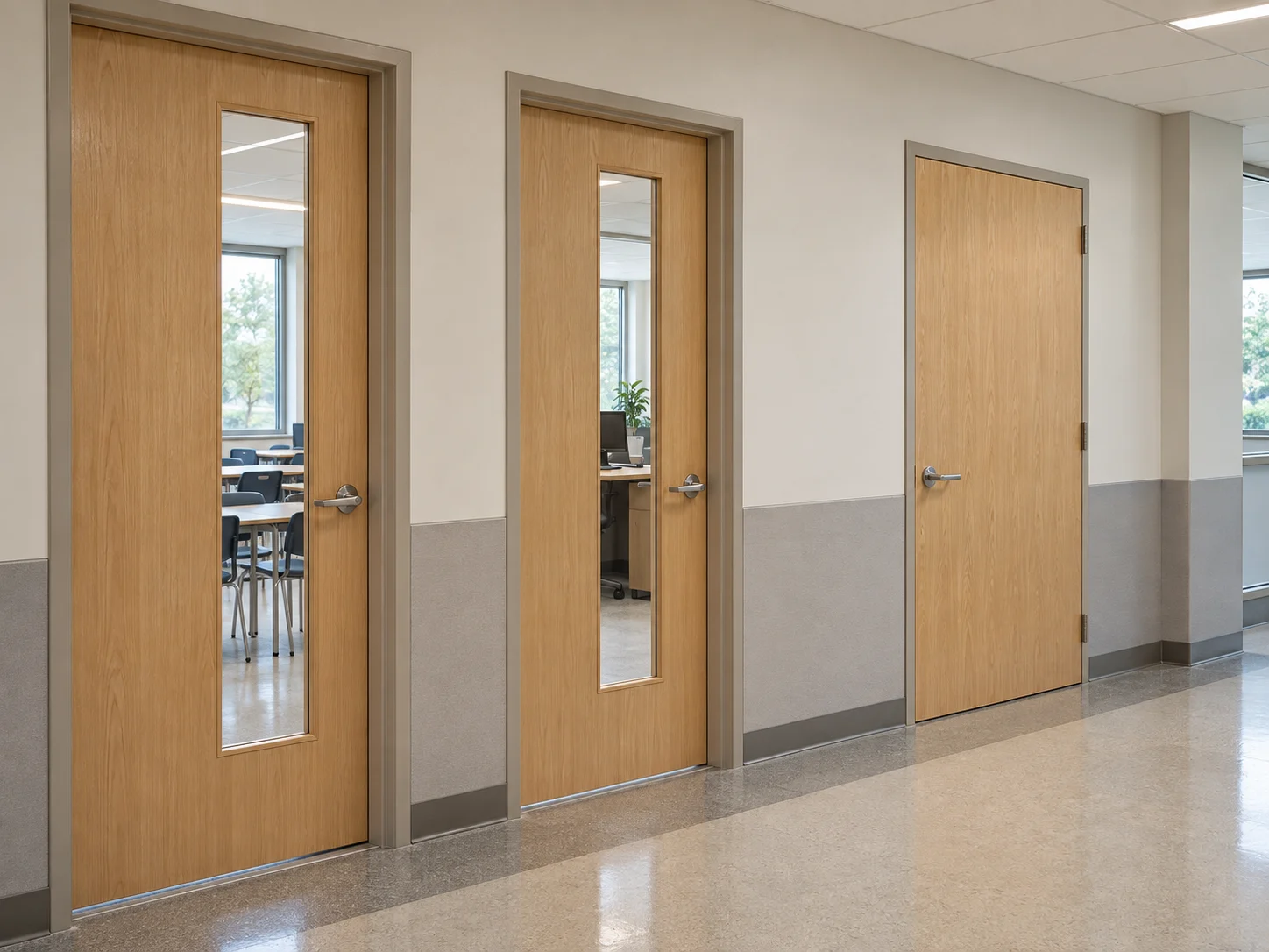 Solid and glazed wood doors along a school corridor