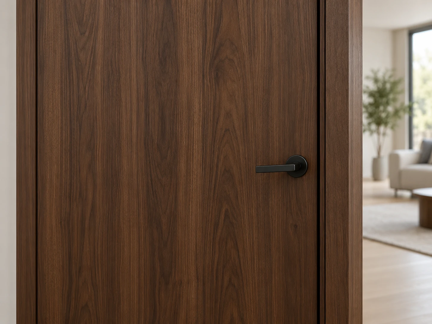 Close view of a plain walnut-finish door face, black lever handle and matching frame