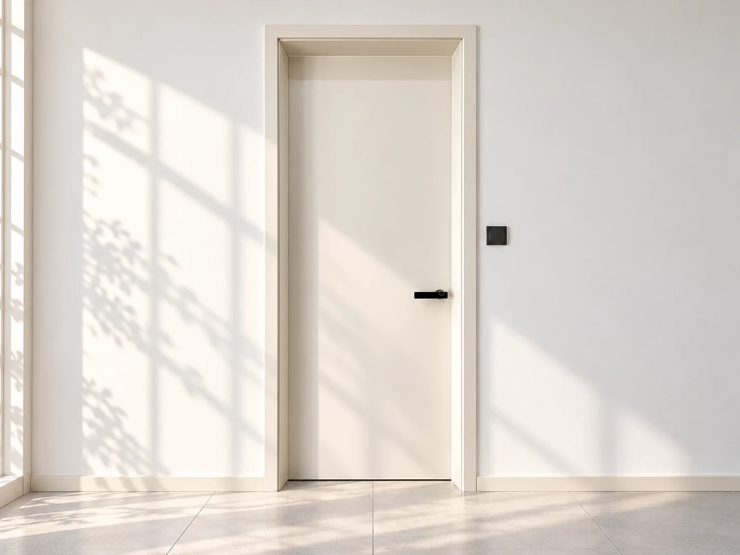 Full view of a plain flush door and matching frame in a bright interior