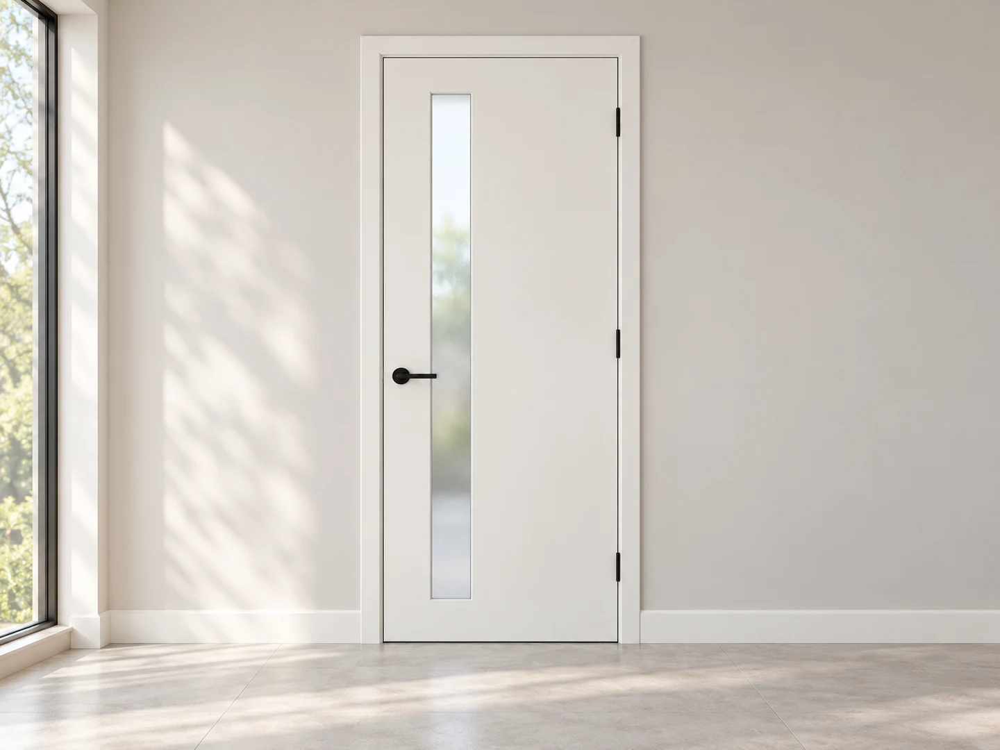 Full view of a light-coloured door with a narrow frosted glass panel