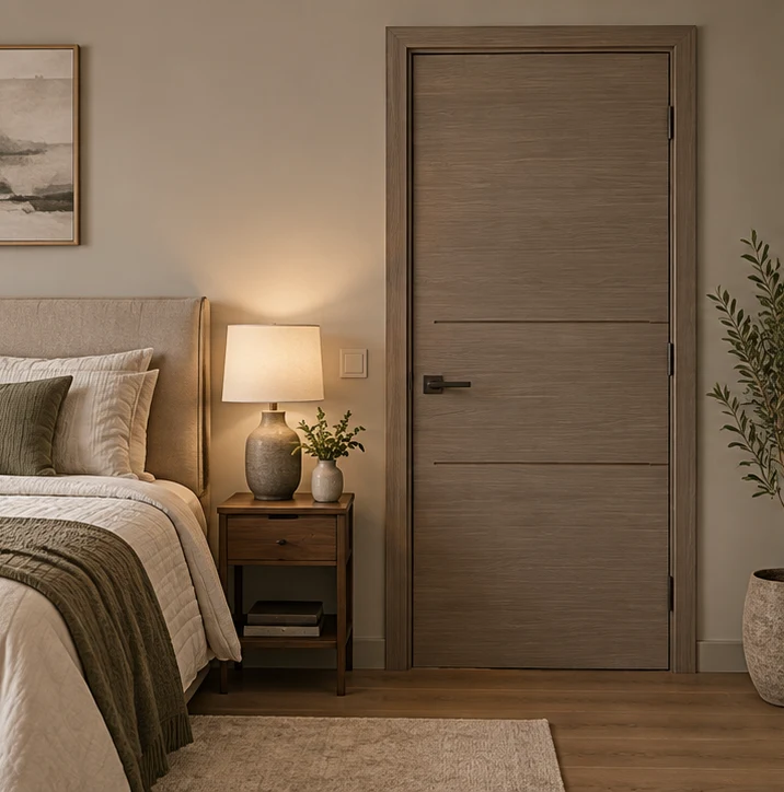 Taupe woodgrain door with horizontal routed lines in a bedroom
