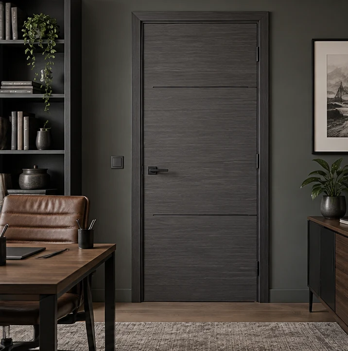 Dark grey grooved wood door in a private office