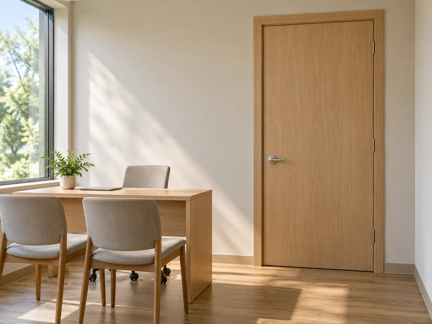 Solid wood door at a consultation room entrance