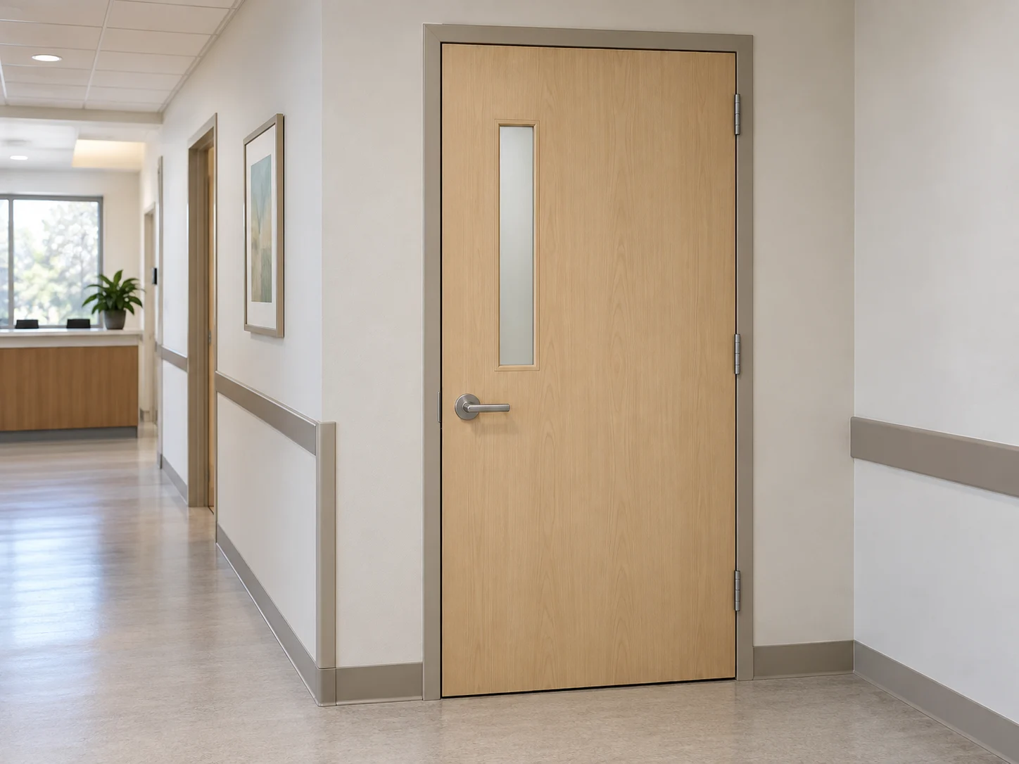 Wood door with a small vision panel in an administrative passage