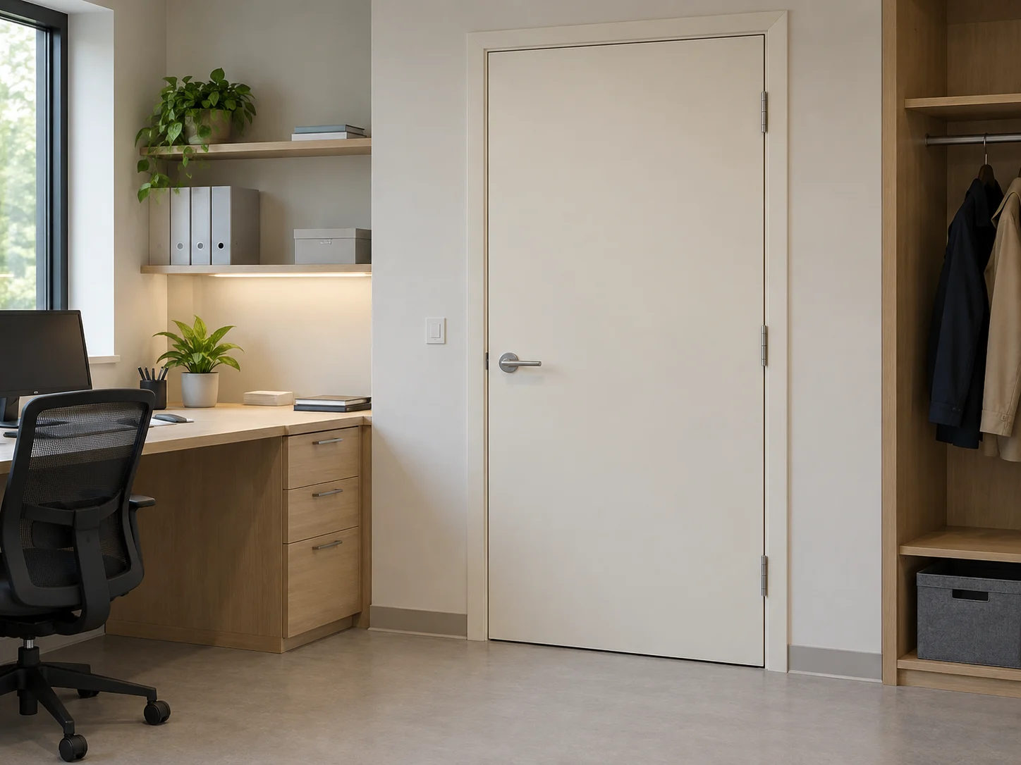 Plain wood door beside a staff office desk