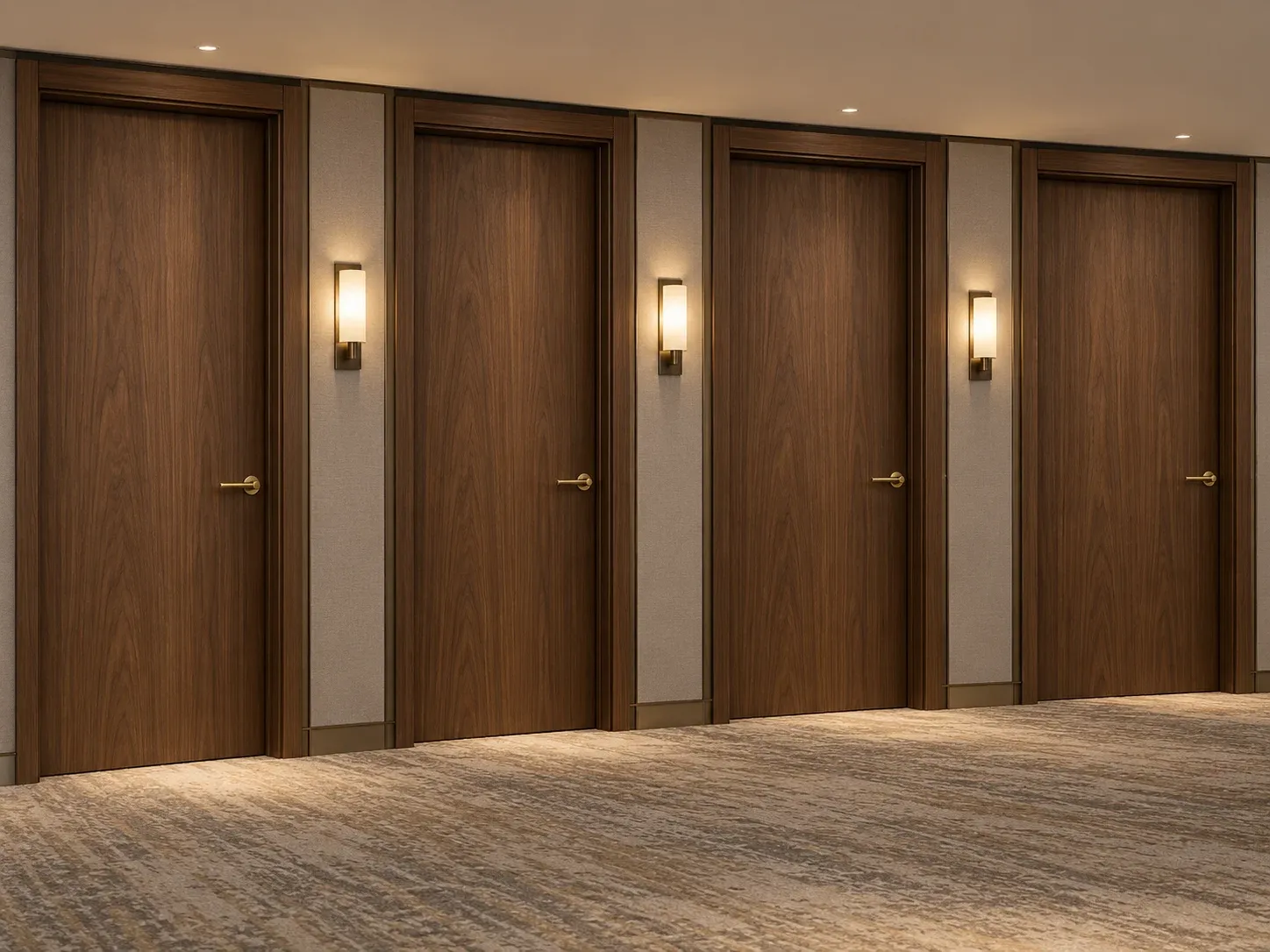 Repeated walnut wood doors along a hotel corridor