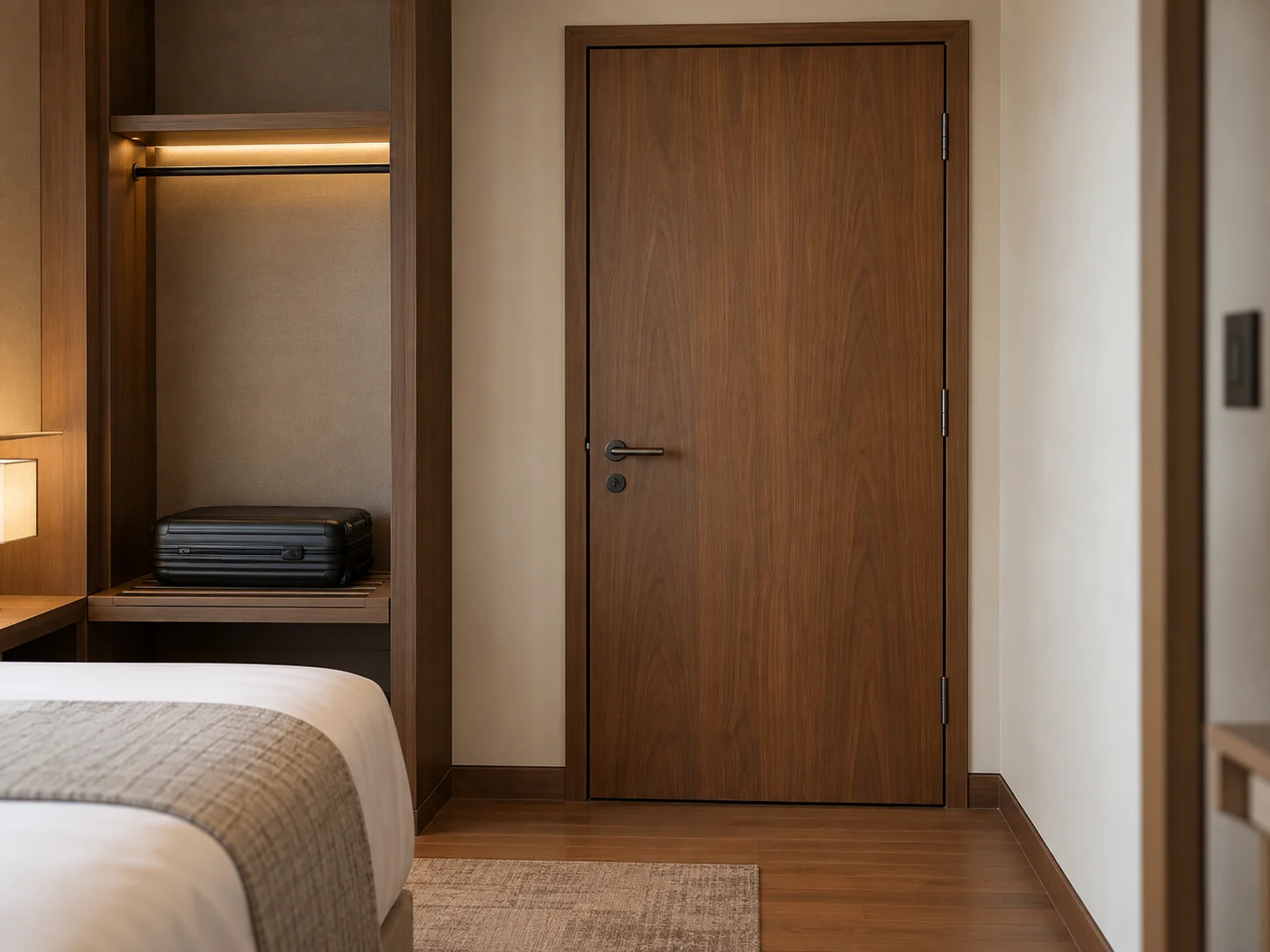 Plain dark woodgrain door in a hotel room interior