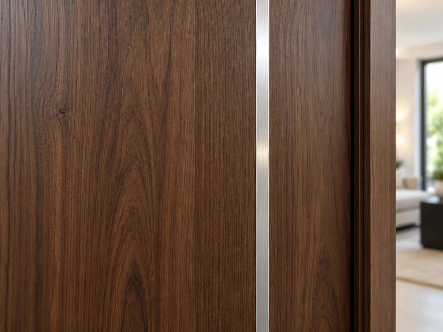 Close view of a slender silver-coloured inlay meeting a dark walnut-finish door face