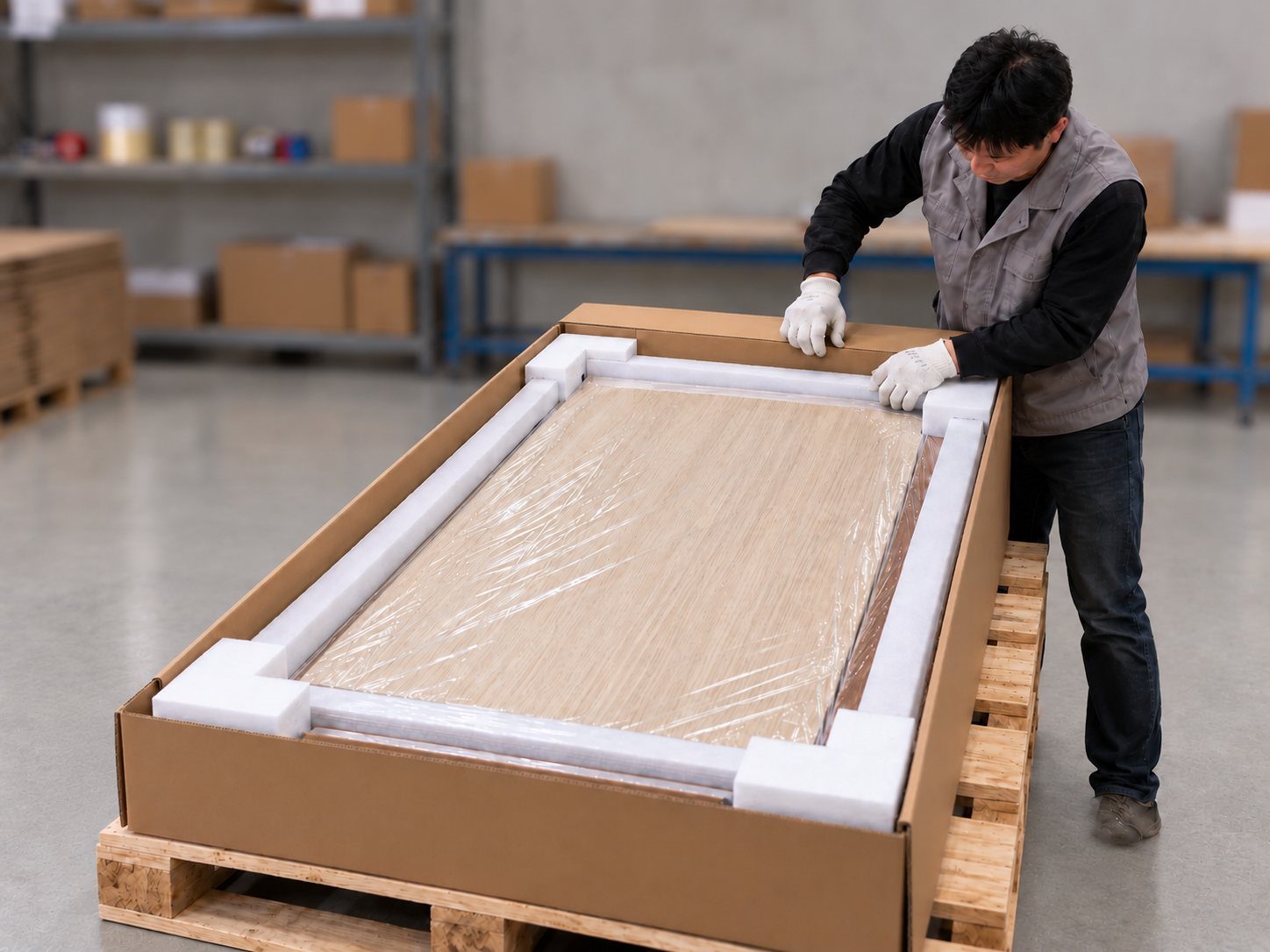 Door leaf packed in protective carton with corner guards on a wooden pallet
