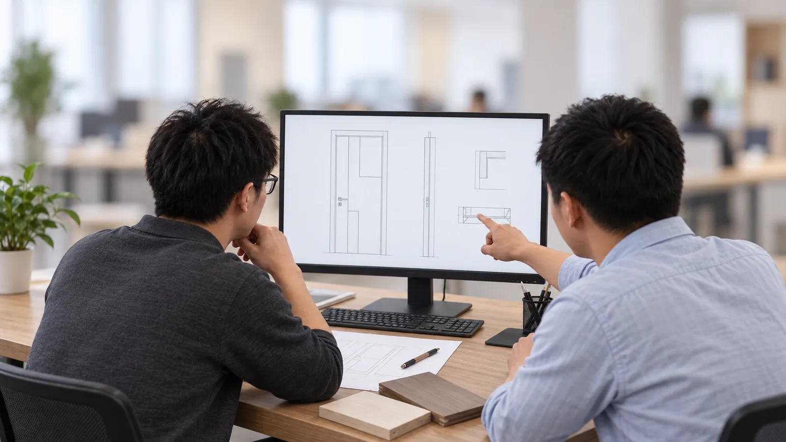 Two door product specialists reviewing an interior wooden door design and technical drawing on a monitor