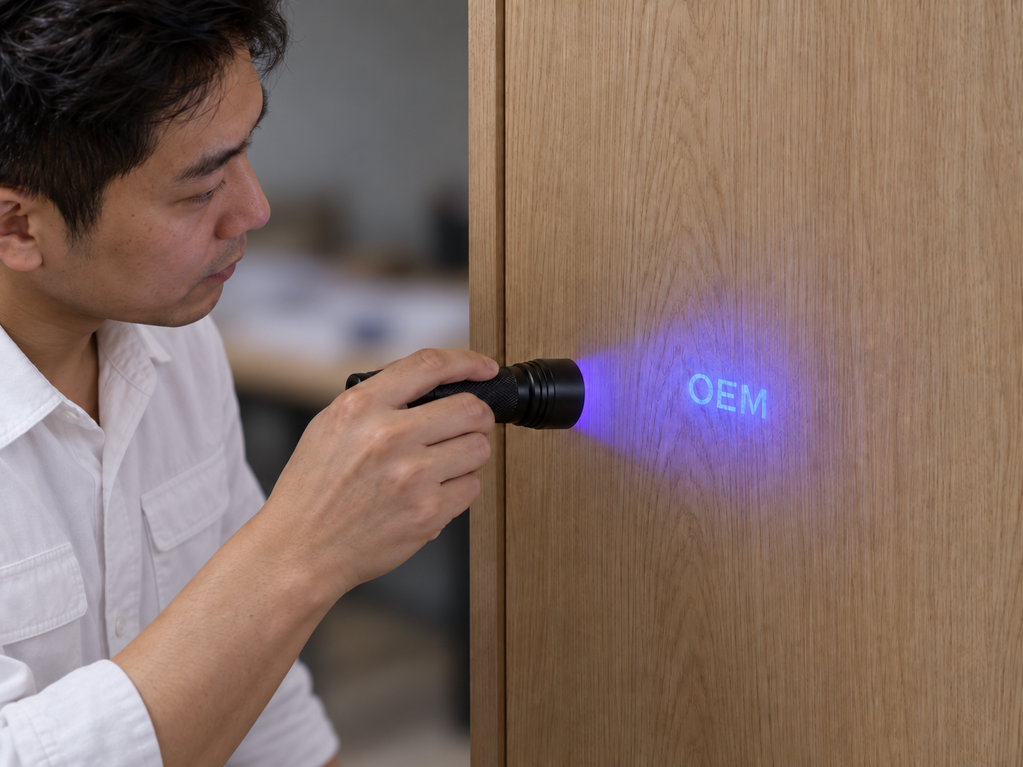 Designer using a UV flashlight to reveal an OEM mark on a wood door surface