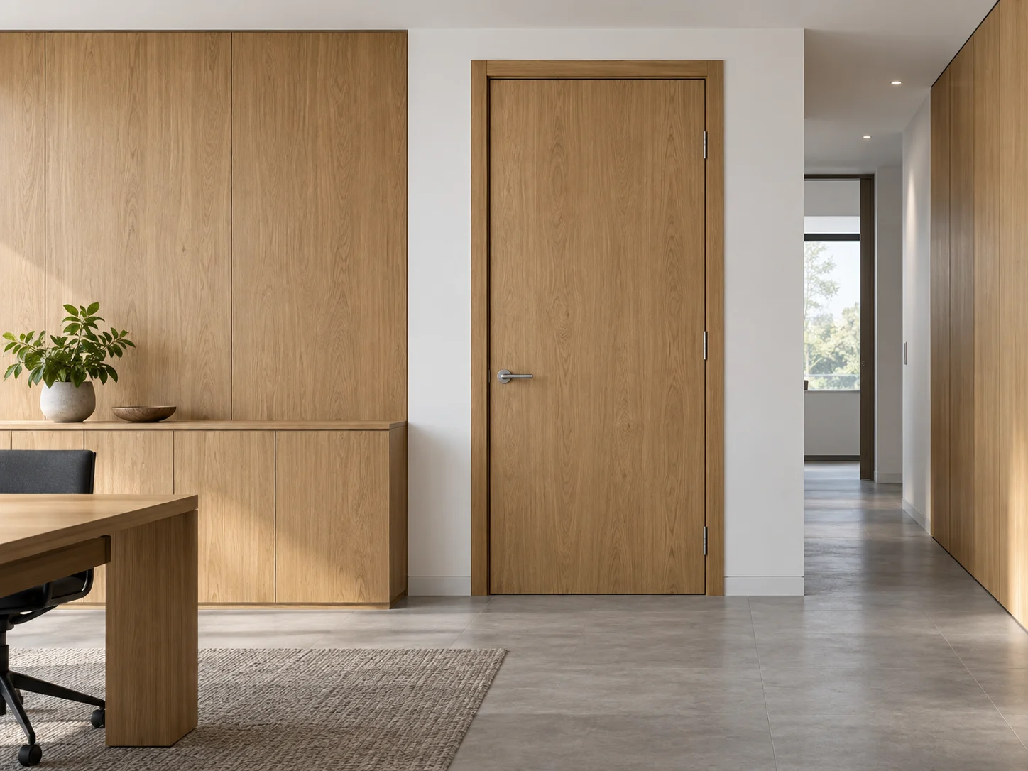 Office door matched to partition panelling and fitted storage