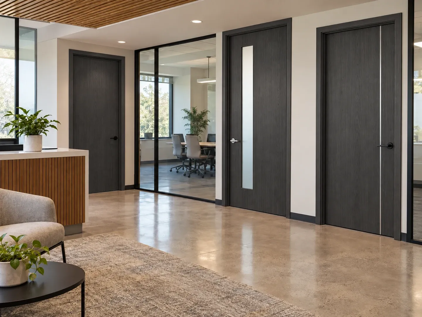Charcoal woodgrain office doors with a narrow silver inlay and a glazed meeting-room opening
