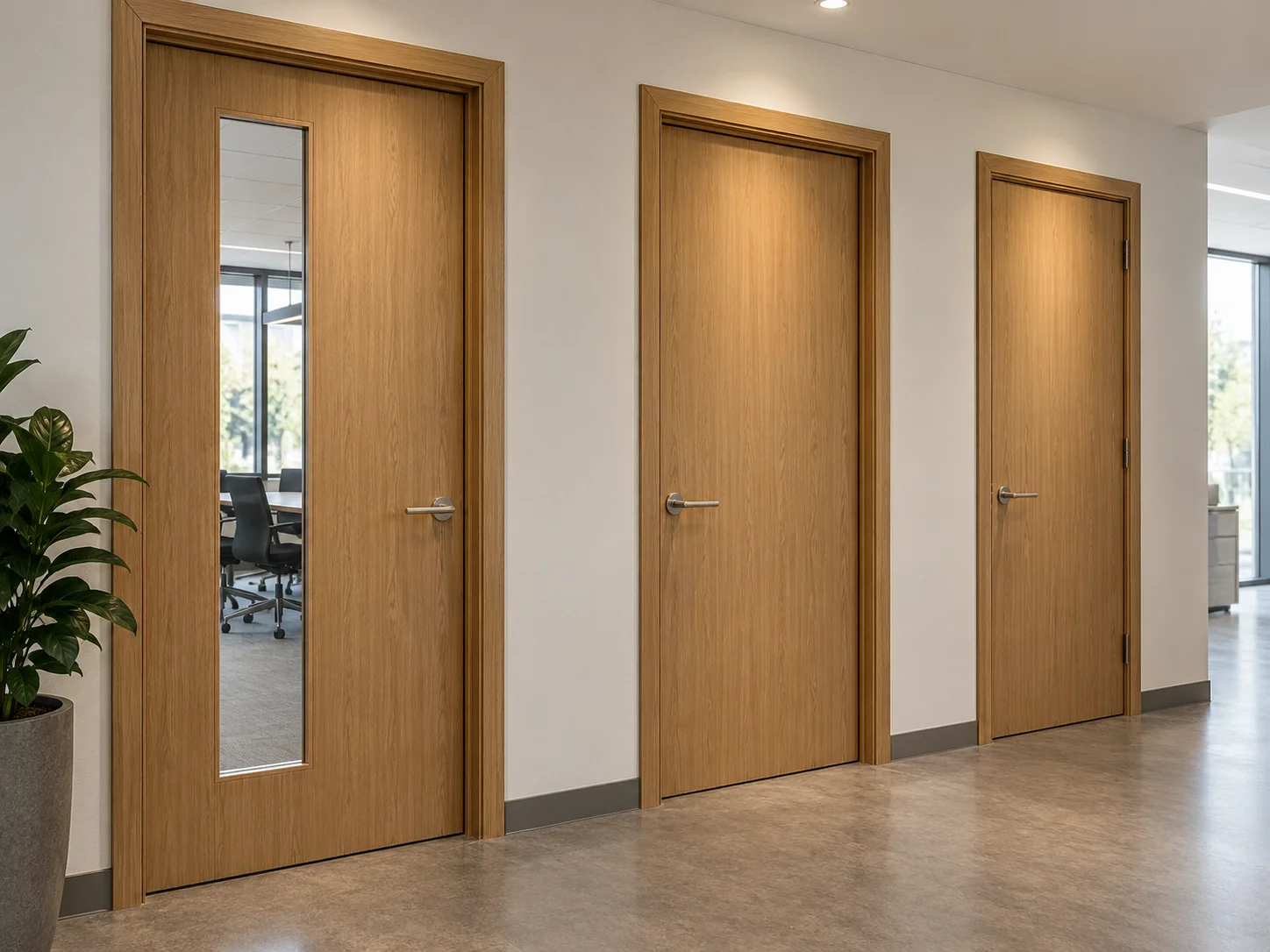 Different door configurations along a short office corridor