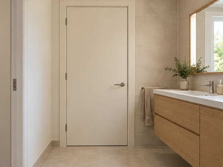 Solid-faced interior door in a dry bathroom entrance