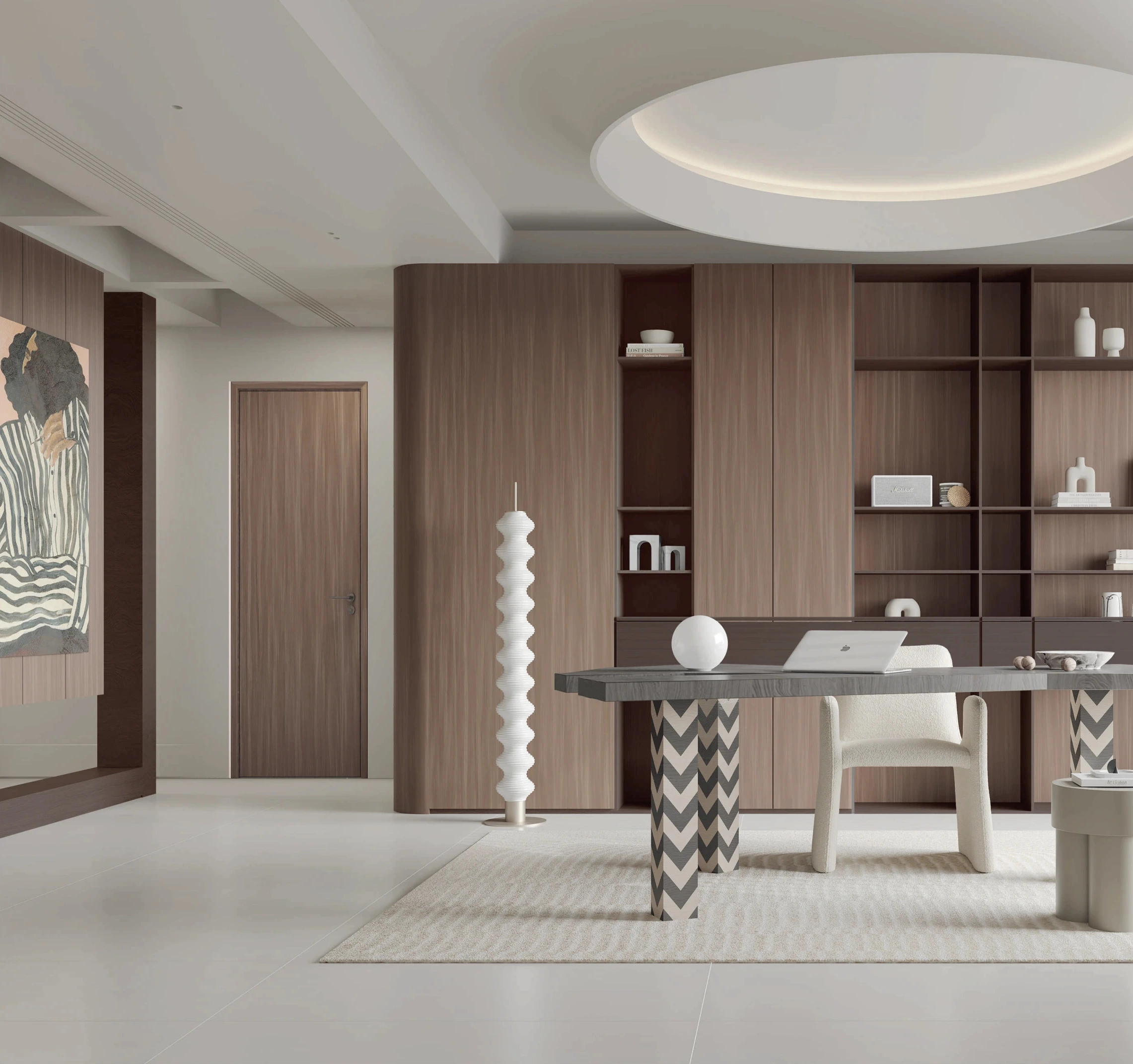 Wood door coordinated with wall finishes in a residential interior