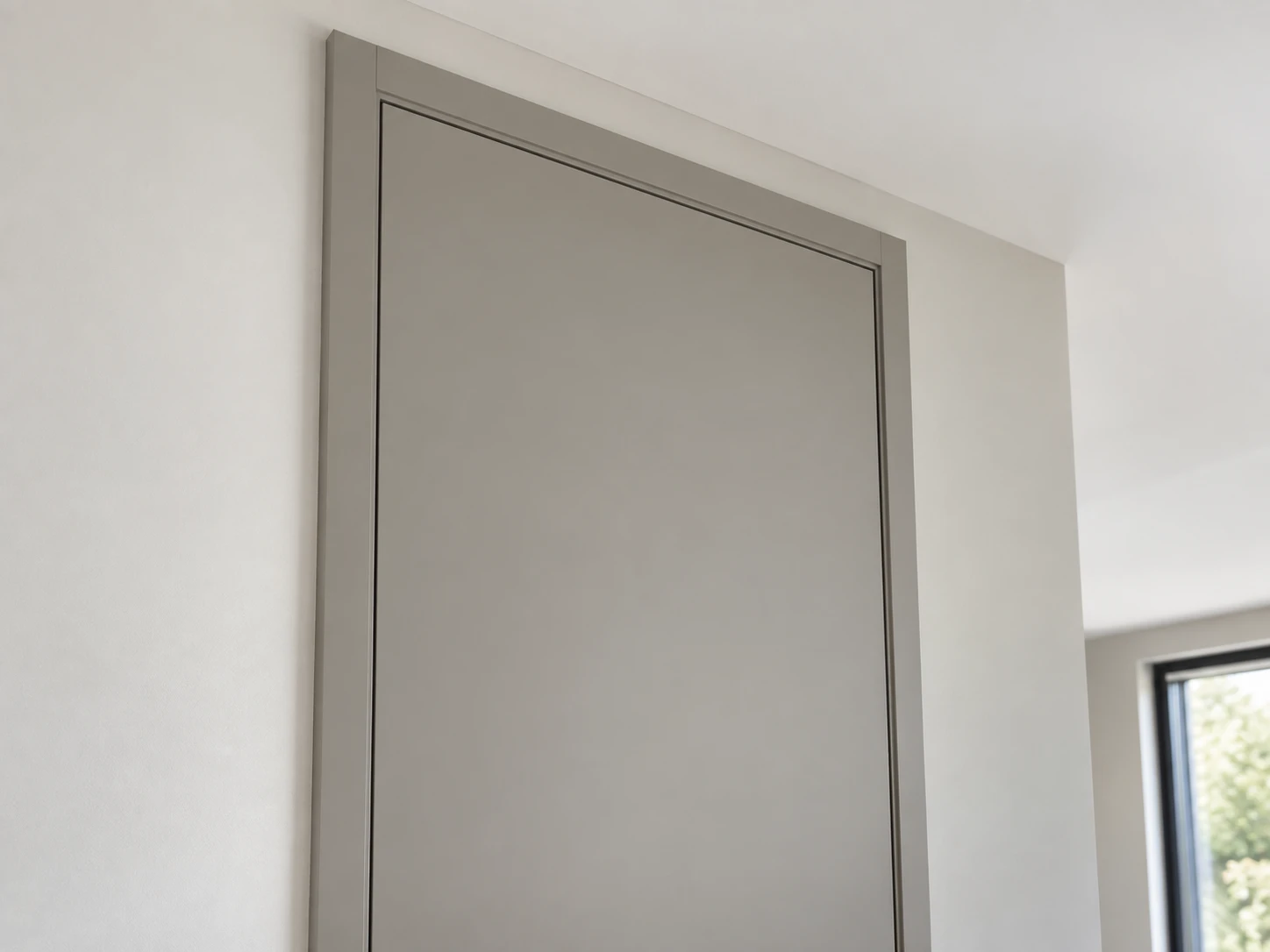 Upper portion of a tall grey door showing the matching frame and nearby ceiling