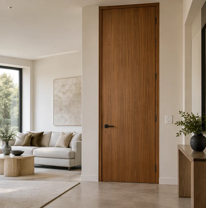 Added-height timber door in a residential living area