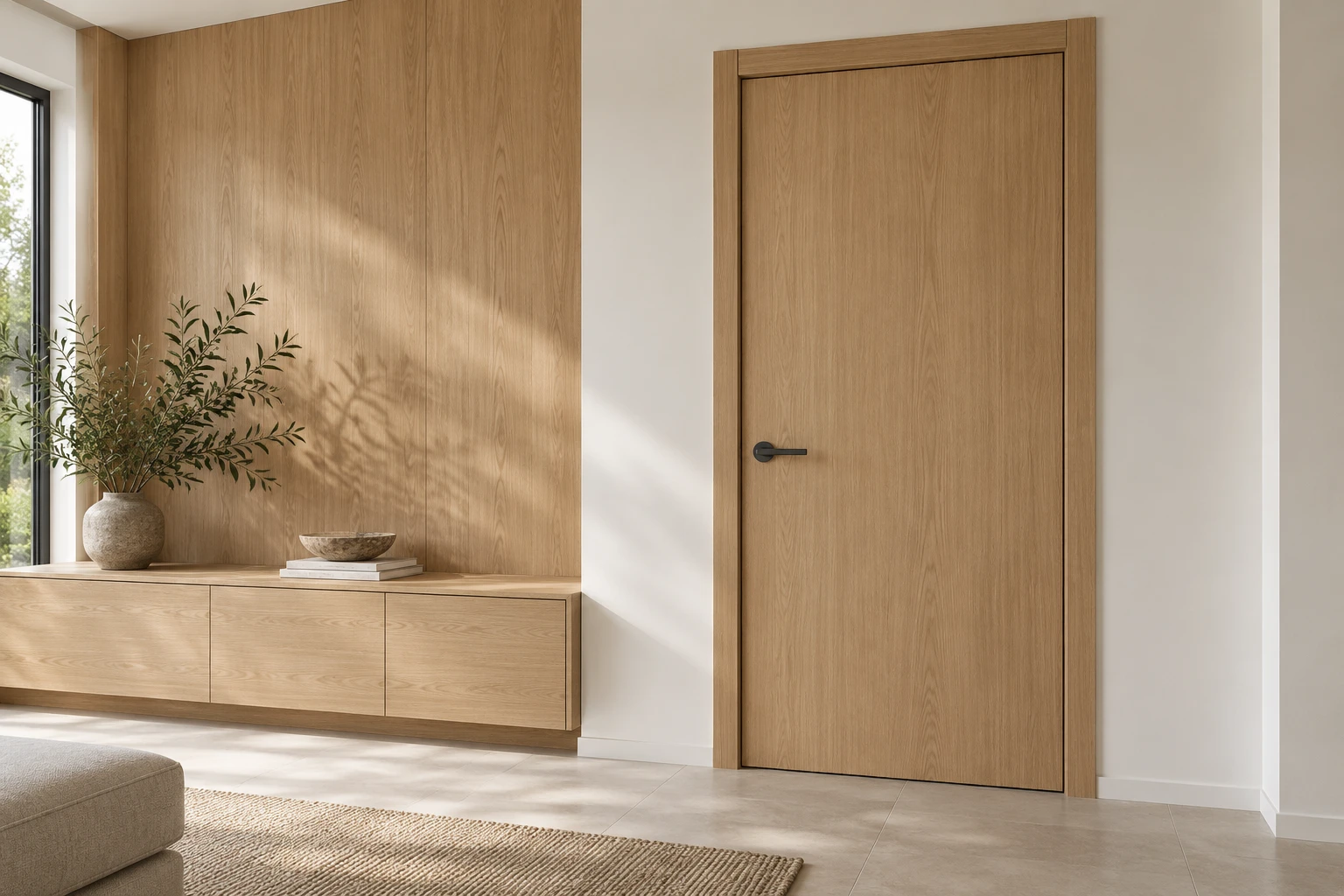 Woodgrain interior door beside coordinated interior finishes