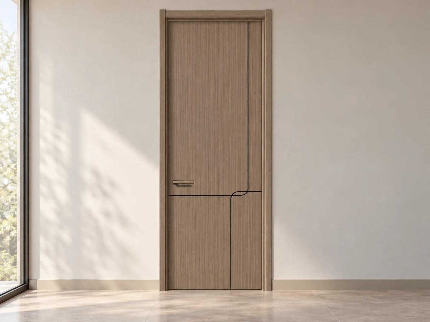Woodgrain door with curved routed line detail in an interior