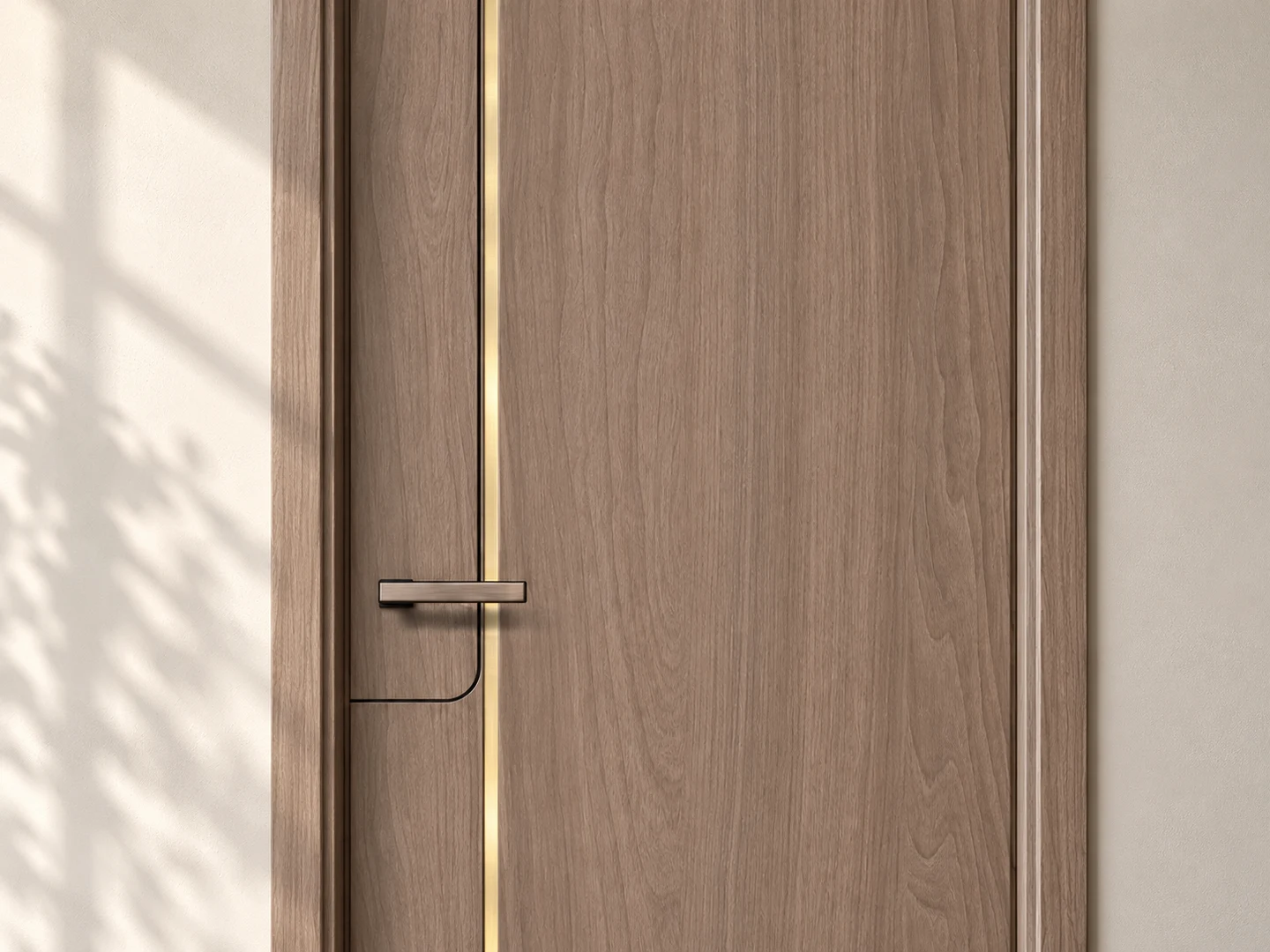 Close view of a woodgrain door with a narrow gold inlay and matching handle