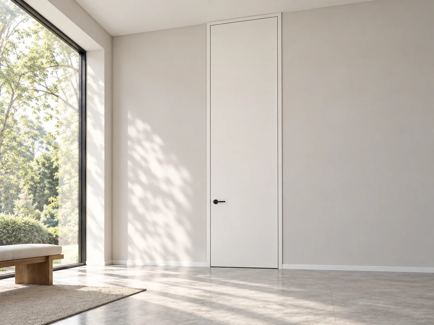 Added-height plain wood door near a high ceiling, with a low bench providing scale